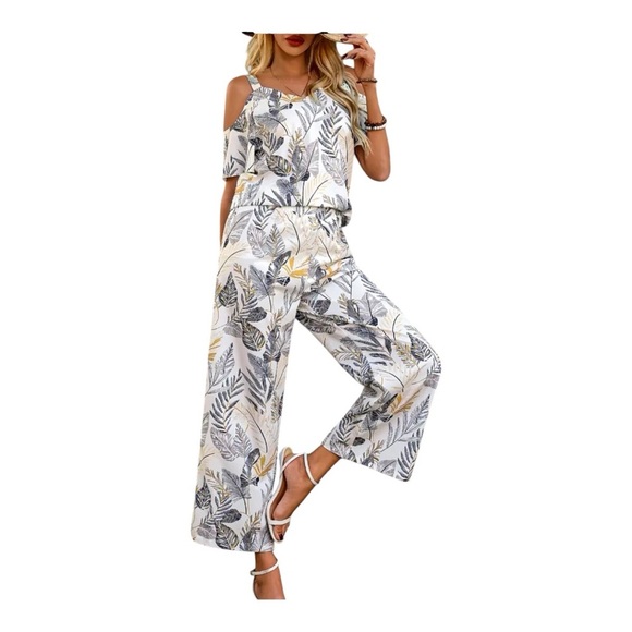 Two PC Floral Print Pant Suit,Off the shoulder short sleeve top & Wide Leg Pant - Picture 2 of 5